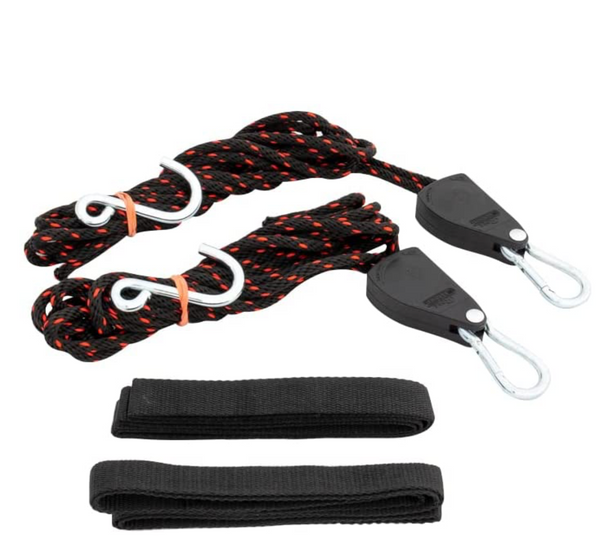 A set of black and red kayak tie-down ropes with ratchets and hooks, displayed alongside black webbing straps.